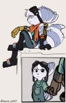 ambiguous_gender anthro boots clothed clothed_female clothing comic cybernetic_arm cybernetic_limb ear_piercing ear_ring english_text eyewear eyewear_on_head female fluffy fluffy_tail footwear fur gloves goggles goggles_on_head hair handwear hi_res kit_(ratchet_and_clank) lombax machine mammal markings piercing pink_nose ratchet_and_clank ring_(marking) ring_piercing ringed_tail rivet_(ratchet_and_clank) robot shoes sony_corporation sony_interactive_entertainment striped_markings striped_tail stripes tail tail_markings text time_fluffy500 white_body white_fur white_hair yellow_body