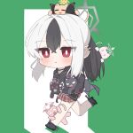  1girl :&lt; :3 akira_(blue_archive) angry animal animal_on_head animal_on_leg animalization black_cat black_choker black_hair black_hoodie black_horns black_shoes blue_archive blush bright_pupils carrying cat chinese_commentary choker closed_eyes closed_mouth commentary_request crossed_bangs demon_horns double-parted_bangs exit_sign eyes_visible_through_hair fang food_in_mouth full_body green_background grey_halo hair_between_eyes halo highres hood hoodie horns huashijie_(medium) kayoko_(blue_archive) kazusa_(blue_archive) long_hair long_sleeves making-of_available mari_(blue_archive) miniskirt momoi_(blue_archive) mouth_hold multicolored_hair o_o on_head open_mouth person_and_animalization pink_cat pink_halo plaid_clothes plaid_skirt pleated_skirt ponytail red_eyes red_skirt running serika_(blue_archive) shoes sidelocks simple_background skirt streaked_hair striped_horns two-tone_background two-tone_hair v-shaped_eyes white_background white_hair white_pupils year_yail yellow_cat yellow_halo zipper 