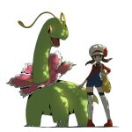  1girl blue_overalls bow brown_eyes brown_hair closed_mouth happy hat hat_bow holding_strap knees lyra_(pokemon) meganium overalls pigeon-toed pokemon pokemon_(creature) pokemon_hgss psaber97 red_bow red_shirt red_shoes shirt shoes smile standing thighhighs twintails white_background white_hat white_thighhighs yellow_bag 