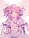  1girl absurdres blush bow choker closed_mouth clothing_cutout collarbone commentary_request gloves hair_bow highres kaname_madoka long_hair looking_at_viewer mahou_shoujo_madoka_magica mahou_shoujo_madoka_magica_(anime) pink_hair ruru_(rurumagi) short_sleeves smile solo ultimate_madoka upper_body white_bow white_choker white_gloves yellow_eyes 