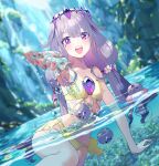  1girl absurdres bikini blurry blurry_background blush chest_jewel collarbone colored_inner_hair commentary fingernails fueppu highres holding_water hololive hololive_english jewel_under_eye koseki_bijou long_hair looking_at_viewer multicolored_hair nail_polish navel open_mouth pebble_(koseki_bijou) pink_eyes pink_hair pink_lips pink_nails smile solo stomach swimsuit teeth thighs two-tone_hair upper_teeth_only virtual_youtuber water yellow_bikini 