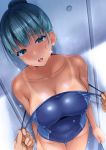  1girl against_wall aqua_eyes aqua_hair arima_kouichi bangs bare_shoulders blush breasts cleavage collarbone competition_swimsuit covered_nipples hair_bun highres large_breasts looking_at_viewer one-piece_swimsuit open_mouth original out_of_frame pov pov_hands shiny shiny_skin sweat swimsuit swimsuit_pull tan tanline tied_hair wet 