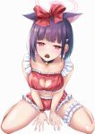  1girl absurdres alternate_costume animal_ears arm_support bell between_legs black_choker black_hair bloomers blue_archive blunt_bangs blunt_ends blush bob_cut bow bra breasts c.u.wa candy cat_ears cat_girl chocolate choker cleavage cleavage_cutout clothing_cutout colored_inner_animal_ears colored_inner_hair commentary curvy extra_ears food food_in_mouth frilled_bra frilled_thigh_strap frills full_body hair_behind_ear hair_bow hair_ornament hairclip halo hand_between_legs heart heart-shaped_chocolate heart-shaped_food heart_cutout highres huge_bow jingle_bell kazusa_(blue_archive) large_breasts leaning_forward looking_at_viewer multicolored_hair navel neck_bell pink_hair pink_halo red_bloomers red_bow red_bra red_eyes simple_background sitting solo straight-on straight_hair thigh_strap thighs tsurime two-tone_hair underwear valentine wariza white_background wrist_bow 