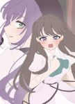  2girls ascot brown_hair clenched_hand collared_dress commentary_request dream_believers dress fujishima_megumi green_ascot green_eyes highres hiyori_(20hiyori727) link!_like!_love_live! long_hair love_live! multiple_girls official_alternate_costume open_mouth otomune_kozue parted_lips pink_dress purple_hair short_sleeves shouting sidelocks two_side_up unfinished virtual_youtuber 