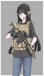  1girl absurdres ammunition_pouch assault_rifle black_eyes black_hair blue_pants blunt_bangs brown_shirt bulletproof_vest commission gloves gun headset highres hime_cut holding holding_gun holding_weapon long_hair m4_carbine nguyen_tam_lee original pants pixiv_commission pouch rifle shirt short_hair solo tactical_clothes very_long_hair weapon 