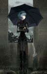  1girl artist_request ayanami_rei black_bodysuit blue_hair bodysuit evangelion:_3.0+1.0_thrice_upon_a_time expressionless full_body holding holding_umbrella interface_headset_(evangelion) looking_to_the_side mecha_pilot_suit neon_genesis_evangelion plugsuit_(evangelion) rain rebuild_of_evangelion ruins short_hair solo source_request standing third-party_source umbrella 