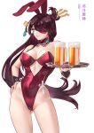  1girl absurdres alcohol artist_logo artist_name ass_visible_through_thighs bare_shoulders beer beer_mug beidou_(genshin_impact) black_wrist_cuffs breasts chinese_knot cleavage contrapposto covered_navel cowboy_shot cup earrings eyepatch facing_viewer foreshortening genshin_impact groin hair_ornament hair_over_one_eye hair_stick hand_on_own_hip highres holding holding_tray jewelry kashenori large_breasts leotard logo long_hair mole mole_on_breast mole_on_crotch mug playboy_bunny purple_hair red_leotard simple_background solo tassel tassel_earrings thighs tray very_long_hair white_background wrist_cuffs 