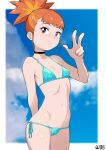  1girl absurdres artist_name bikini black_choker blue_bikini breasts cameltoe choker cloud cloudy_sky digimon digimon_tamers gez1313 highres makino_ruki orange_hair ponytail purple_eyes short_hair sky small_breasts string_bikini swimsuit v 