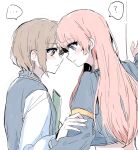 ... 2girls ? bang_dream! bang_dream!_it&#039;s_mygo!!!!! blue_jacket blush brown_eyes brown_hair chihaya_anon closed_mouth commentary cropped_jacket forehead-to-forehead grey_eyes hashtag-only_commentary heads_together jacket long_hair long_sleeves misumi_suki multiple_girls pink_hair short_hair spoken_ellipsis spoken_question_mark takamatsu_tomori upper_body white_background yuri 