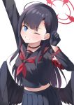  1girl ;d arm_up black_choker black_gloves black_hair black_sailor_collar black_serafuku black_shirt black_skirt black_wings blue_archive blue_eyes blunt_bangs blush c.u.wa choker clenched_hand commentary cowboy_shot cowlick eyelashes feathered_wings gloves grin hair_behind_ear hair_ornament hairclip half_gloves halo hand_up happy highres ichika_(blue_archive) long_hair long_sleeves looking_at_viewer low_wings midriff neckerchief one_eye_closed pleated_skirt red_halo red_neckerchief sailor_collar school_uniform serafuku shirt sidelocks skirt smile solo straight_hair unusually_open_eyes very_long_hair white_background wings 