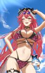  1girl absurdres arm_up bikini black_bikini black_hat blue_sky blush breasts cat_o-ring chattino_(raora_panthera) choripan cloud cloudy_sky commentary day eyeshadow eyewear_on_head fang hair_intakes hashtag-only_commentary hat highres hololive hololive_english large_breasts leopard_print_bikini long_hair makeup multicolored_hair navel o-ring o-ring_thigh_strap one_eye_closed open_mouth panther_girl panther_tail pink_bikini pink_eyeshadow pink_hair purple-tinted_eyewear raora_panthera sky smile stomach streaked_hair swimsuit tail teeth thigh_strap thighs tinted_eyewear upper_teeth_only virtual_youtuber yellow_eyes 