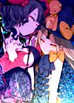  2boys abigail_williams_(fate) abigail_williams_(second_ascension)_(fate) bare_shoulders black_bow black_dress black_hat blonde_hair bow breasts closed_mouth commentary_request dress fate/grand_order fate_(series) hat hat_bow highres katsushika_hokusai_(fate) katsushika_hokusai_(third_ascension)_(fate) keyhole large_breasts long_hair looking_at_viewer multiple_boys multiple_hat_bows open_mouth ponita purple_eyes purple_hair red_eyes short_hair sideboob smile stuffed_animal stuffed_toy swept_bangs teddy_bear white_hat witch yellow_bow 