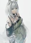  1girl absurdres arknights bare_shoulders commentary cowboy_shot dress fuyukono green_dress green_eyes grey_hair highres kal&#039;tsit_(arknights) material_growth off-shoulder_dress off_shoulder oripathy_lesion_(arknights) short_hair_with_long_locks simple_background sketch solo star_of_life stethoscope unfinished white_background 