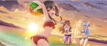  &gt;_&lt; 3girls :d ahoge aqua_(konosuba) armpits arms_up ass ball beach beachball bikini blue_bikini blue_hair blush breasts brown_hair cleavage clenched_hands cloud cloudy_sky dutch_angle evening flower frilled_bikini frills from_behind front-tie_bikini_top front-tie_top game_cg gradient_sky hair_flower hair_ornament hair_rings hands_up hibiscus highres holding holding_ball holding_beachball horizon kono_subarashii_sekai_ni_shukufuku_wo! konosuba!_fantastic_days large_breasts lens_flare long_hair looking_at_viewer looking_back medium_breasts megumin multiple_girls navel ocean official_art open_mouth orange_sky outdoors pink_flower purple_bikini purple_sarong purple_sky red_bikini ruffle_bikini sarong short_hair_with_long_locks single_hair_ring sky smile sparkle splashing sun sunset swimsuit tearing_up third-party_source wading wet wiz_(konosuba) yellow_flower 