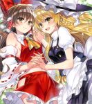  2girls adapted_costume apron ascot black_hat black_skirt black_vest blonde_hair blush bow braid breasts brown_eyes brown_hair chacham closed_mouth commentary_request detached_sleeves frilled_bow frilled_hair_tubes frilled_skirt frills hair_bow hair_tubes hakurei_reimu hat hat_bow hip_vent holding_hands interlocked_fingers kirisame_marisa long_hair looking_at_viewer marker_(medium) multiple_girls navel open_mouth red_bow red_skirt ribbon-trimmed_sleeves ribbon_trim side_braid sideboob single_braid skirt skirt_set smile touhou traditional_media twitter_username vest waist_apron white_apron white_bow witch_hat yellow_ascot yellow_eyes 