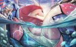  blue_sky bubble closed_mouth commentary day ganmenkurei_(ani) gen_3_pokemon light_rays looking_back milotic no_humans outdoors partially_submerged partially_underwater_shot pokemon pokemon_(creature) red_eyes rock shiny shiny_skin sky solo splashing water 