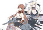  2girls adapted_turret black_skirt blonde_hair blue_eyes breasts browning_auto_5 cannon cleavage cowboy_shot fingerless_gloves gloves green_eyes gun headgear helena_(kantai_collection) highres iowa_(kantai_collection) kantai_collection large_breasts long_hair machinery mizuki_eiru_(akagi_kurage) multiple_girls one_eye_closed simple_background skirt turret twitter_username weapon white_background 