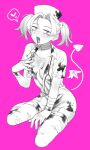  1girl :d bandaged_arm bandaged_neck bandages between_legs blood blood_on_clothes blood_on_face body_freckles breasts collared_dress curtained_hair demon_tail dress earrings fake_blood fang freckles full_body futsuu_no_keion-bu garter_straps hair_ornament halloween_costume hand_between_legs hand_up hat heart highres jewelry medium_breasts no_bra nurse nurse_cap official_alternate_costume official_alternate_hairstyle open_clothes open_dress open_mouth pink_background pink_eyes purple_background rra_(yj) short_dress simple_background sitting skull_hair_ornament smile solo spoken_heart stethoscope tail thighhighs torn_clothes tsuru_asaka twintails wings yokozuwari 