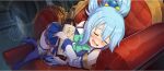  1girl aqua_(konosuba) blue_boots blue_brooch blue_dress blue_hair blush boots bottle bow bowtie breasts brick_wall closed_eyes corked_bottle couch dark_room detached_sleeves dress drooling drunk dutch_angle game_cg green_bow green_bowtie hair_ornament hair_rings high_heel_boots high_heels highres holding holding_bottle hugging_object indoors kono_subarashii_sekai_ni_shukufuku_wo! konosuba!_fantastic_days lens_flare lying medium_breasts official_art on_couch on_side open_mouth single_hair_ring sleeping solo thigh_boots third-party_source white_sleeves zettai_ryouiki 