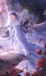  1girl artist_request black_hair blue_eyes blue_flower blue_rose breasts bride castle celina_(shining_nikki) chandelier choker circlet cleavage dappled_sunlight dress eyelashes floating_clothes floating_hair floral_print flower full_body game_cg grand_piano head_wreath highres indoors instrument juliet_sleeves lace lace-trimmed_veil lace_choker lace_trim light_particles light_rays lipstick long_dress long_hair long_sleeves looking_ahead makeup moonlight_vow_(shining_nikki) nikki_(series) official_art outstretched_hand parted_lips petals piano pink_lips puffy_sleeves purple_sky red_flower red_rose rose rose_petals see-through_clothes see-through_veil shining_nikki sky sleeves_past_wrists solo stairs standing stool sunlight sunset tile_floor tiles veil very_long_hair vest wavy_hair wedding_dress white_choker white_dress white_vest wind window 