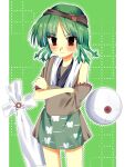  1other 2000s_(style) androgynous animal_print annoyed apron blush border brown_headband brown_kimono brown_sleeves butterfly_print closed_mouth cowboy_shot crossed_arms detached_sleeves faux_retro_artstyle fur-trimmed_sleeves fur_trim green_apron green_background green_hair grid_background halftone headband highres japanese_clothes kimono kurokoge_karubi len&#039;en light_frown looking_at_viewer medium_hair other_focus outline outside_border para_(len&#039;en) para_(len&#039;en)_(oni) parted_bangs pillarboxed red_eyes short_kimono short_sleeves single_bare_arm single_bare_shoulder single_detached_sleeve single_sleeve solo split_ends standing thighs tsurime vest waist_apron white_border white_outline white_vest 
