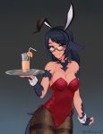  1girl animal_ears artist_name au_ra bangs bare_shoulders bendy_straw black_hair black_legwear breasts brown-framed_eyewear brown_background bunny_ears bunnysuit cleavage closed_mouth collarbone commentary covered_navel cowboy_shot cup dragon_tail drink drinking_glass drinking_straw fake_animal_ears final_fantasy final_fantasy_xiv glasses gradient gradient_background hand_up highres holding holding_tray leotard long_hair looking_at_viewer medium_breasts pantyhose red_leotard scales semi-rimless_eyewear shellvi side-tie_leotard smile solo strapless strapless_leotard tail thighband_pantyhose tray twintails under-rim_eyewear wrist_cuffs 