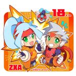  1boy 1girl anniversary ashe_(mega_man) biometal blue_hair border chibi copyright_name dark-skinned_male dark_skin dated explosion facial_mark forehead_mark green_eyes grey_(mega_man) grey_hair high_ponytail jacket long_hair mega_man_(series) mega_man_zx mega_man_zx_advent model_a_(mega_man) orange_background orange_jacket ponytail robot_ears scar scar_on_face simple_background teto_(y3832) white_border 