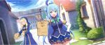  2girls aqua_(konosuba) blonde_hair blue_brooch blue_dress blue_eyes blue_gemstone blue_hair blue_robe blue_sky bow bowtie breasts bush cecily_(konosuba) closed_eyes cowboy_shot day detached_sleeves dot_nose doyagao dress dutch_angle flag flyer game_cg gem green_bow green_bowtie hair_ornament hair_rings hand_on_own_hip highres holding holding_flyer holding_paper house kono_subarashii_sekai_ni_shukufuku_wo! konosuba!_fantastic_days lamppost long_hair long_sleeves medium_breasts multiple_girls nun official_art open_mouth outdoors paper robe single_hair_ring sky smile smug stone_walkway third-party_source town very_long_hair white_sleeves 