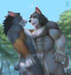  abs aircraft airplane anthro biceps canid canine digital_media_(artwork) duo fur genitals hair male male/male mammal muscular nipples nude open_mouth outside penis sky tintiai tree 