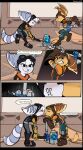 absurd_res anthro black_bars blush clothed clothing comic dialogue duo ear_piercing ear_ring english_text exclamation_point eyes_closed eyewear eyewear_on_head female fight fluffy fluffy_tail fur goggles goggles_on_head hair hammer hi_res kissing letterbox lombax male male/female mammal piercing ratchet_(ratchet_and_clank) ratchet_and_clank ratchet_wrench ring_piercing rivet_(ratchet_and_clank) sony_corporation sony_interactive_entertainment tail tail_tuft text thin_tail time_fluffy500 tools tuft white_body white_fur white_hair yellow_body yellow_fur