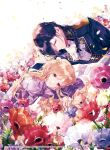 1boy 1girl anemone_(flower) ascot batsu_3_no_mitori_fujin_to_yoba_rete_imasunode_suteoite_kudasaimase black_hair black_jacket blonde_hair blue_eyes braid brooch center_frills closed_mouth collared_jacket copyright_notice cover cover_page cuff_links dress falling_petals field flower flower_field frilled_sleeves frills gloves hair_flower hair_ornament hair_over_one_eye hair_over_shoulder hair_ribbon head_on_arm jacket jewelry juliet_sleeves lapels long_hair long_sleeves looking_at_viewer looking_to_the_side lying manga_cover official_art on_stomach orange_flower petals pink_flower puffy_sleeves purple_dress purple_eyes purple_flower red_flower ribbon seikai_meguru shirt sideways_glance single_braid sleeve_cuffs swept_bangs upper_body wavy_hair white_ascot white_background white_flower white_gloves white_shirt 