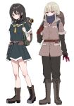  2girls absurdres backpack bag bandaged_arm bandages black_hair black_pants black_sailor_collar black_serafuku black_shirt black_skirt blue_eyes boots brown_boots brown_gloves brown_hair brown_jacket fold-over_boots gloves hand_up highres jacket layered_sleeves long_sleeves multiple_girls original pants piripun pleated_skirt red_eyes sailor_collar school_uniform serafuku shirt short_over_long_sleeves short_sleeves simple_background skirt standing sweat white_background 