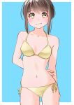  1girl arm_behind_back bikini blue_background border brown_eyes brown_hair commentary embarrassed halterneck looking_at_viewer mixed-language_commentary navel original outside_border side-tie_bikini_bottom sidelocks simple_background solo standing swimsuit white_border yamanaka_kouji_(yanchiki2001) yellow_bikini 