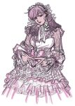  1girl alternate_costume bow breasts commentary costume_request cowboy_shot double_v dress ear_cuffs eyelashes fingernails frilled_dress frilled_headband frilled_sleeves frills gradient_hair gupunw hair_behind_ear hair_over_shoulder hairband head_tilt high_collar highres hime_lolita hypnosis_mic keitoin_honobono large_breasts layered_dress lipstick lolita_fashion lolita_hairband long_fingernails long_hair looking_down makeup multicolored_hair pink_eyes pink_hair pink_lips pink_nails pink_theme puffy_sleeves ribbon see-through_clothes see-through_sleeves simple_background smile solo symbol-only_commentary v white_background 