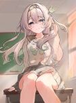  black_hairband black_ribbon blush board_eraser bow bowtie buttons chalkboard classroom closed_mouth collared_shirt curtains desk double-breasted firefly_(honkai:_star_rail) firefly_(spring_missive)_(honkai:_star_rail) gradient_hair green_bow green_bowtie grey_hair grey_pupils grey_sailor_collar grey_skirt grey_sleeve_cuffs hair_between_eyes hair_intakes hair_ornament hairband hand_in_own_hair highres honkai:_star_rail honkai_(series) long_hair long_sleeves multicolored_eyes multicolored_hair on_desk plaid_bow plaid_bowtie plaid_clothes pleated_skirt ribbon sailor_collar shirt shyaruru skirt smile thighs two-tone_eyes white_shirt white_sleeves window 