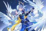 2boys angel_wings artist_name back black_gloves blue_background blue_jacket cape closed_mouth commentary_request cowboy_shot dual_persona earrings feathered_wings floating_clothes gloves gold_earrings gradient_background grey_hair hair_between_eyes half-closed_eyes halo halo_behind_head head_wings highres holding_hands honkai:_star_rail honkai_(series) jacket jewelry long_sleeves looking_at_another male_focus multicolored_jacket multiple_boys open_clothes open_jacket pants piercing purple_shirt scarf selfcest shirt short_hair sidelocks smile standing sunday_(honkai:_star_rail) tassel teeth thorns two-tone_background two-tone_jacket usagishi white_background white_gloves white_jacket white_pants white_scarf wing_piercing wings yaoi yellow_cape yellow_eyes 