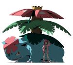  1girl brown_eyes brown_hair closed_mouth coat green_shirt hand_on_headwear hand_up hat highres knees leaf_(pokemon) leaf_(sygna_suit)_(pokemon) long_hair long_sleeves looking_at_viewer mega_venusaur official_alternate_color official_alternate_costume open_clothes open_coat pink_coat pokemon pokemon_(creature) pokemon_masters_ex psaber97 purple_hat shirt shoes shorts sidelocks smile standing venusaur white_background white_shoes white_shorts 