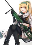  1girl absurdres assault_rifle black_footwear black_gloves black_legwear blonde_hair boots eyebrows_visible_through_hair girls_frontline gloves green_ribbon gun hair_ribbon hairband hand_on_weapon highres holding holding_weapon huge_filesize jacket long_hair looking_at_viewer military military_uniform muteppona_hito open_mouth red_eyes ribbon rifle russian_flag sitting sitting_on_floor solo sv-98 sv-98_(girls_frontline) thighhighs uniform weapon white_background white_jacket 