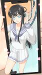  1girl ai_(shining_nikki) black_hair black_socks blue_eyes blue_neckerchief blue_sailor_collar breast_pocket brown_shoes cable cellphone closed_mouth collarbone fantasy_of_the_sky_(shining_nikki) foot_out_of_frame fourth_wall hand_on_headphones happy headphones highres holding holding_phone knee_up kneehighs kohanai_setsuna light_blush lipstick loafers long_hair long_sidelocks long_sleeves makeup miniskirt neckerchief nikki_(series) nostrils notice_lines phone pink_lips pleated_skirt pocket puffy_long_sleeves puffy_sleeves sailor_collar school_uniform serafuku shining_nikki shirt shoes sidelocks skirt skirt_set smartphone smile socks solo_focus timestamp very_long_hair white_serafuku white_shirt white_skirt 