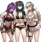  3girls bikini black_choker blue_eyes bracelet breasts choker cleavage crossed_arms female_byleth_(fire_emblem) female_byleth_(summer)_(fire_emblem) female_corrin_(fire_emblem) female_corrin_(novice_vacationer)_(fire_emblem) female_shez_(fire_emblem) female_shez_(summer)_(fire_emblem) fire_emblem fire_emblem:_three_houses fire_emblem_fates fire_emblem_heroes fire_emblem_warriors:_three_hopes flower flower_necklace green_hair hair_flower hair_ornament highres jewelry long_hair multiple_girls navel official_alternate_costume open_mouth purple_eyes purple_hair red_eyes simple_background standing swimsuit thigh_strap white_background white_hair zuzu_(ywpd8853) 