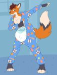 2019 ambiguous_gender anthro bubblepuppers canid canine carpet clean_diaper clothed clothing diaper diaper_under_clothing diaper_under_onesie dipstick_tail dressing fingerless_(marking) fingerless_gloves_(marking) flat_colors fox fur gloves_(marking) grey_body grey_fur grey_nose hair hi_res inside looking_back mammal markings multicolored_body multicolored_fur multicolored_tail onesie onesie_open orange_body orange_fur pawprint_print red_hair rye_(ominousfurry210) simple_background smile solo tail tail_markings tan_body tan_fur tan_tail_tip wearing_diaper