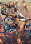  1girl absurdres animal_ear_piercing animal_ears anklet aqua_nails barefoot black_hair blurry blurry_background breasts criss-cross_halter dark-skinned_female dark_skin detached_sleeves dual_wielding ear_cuffs halterneck highres holding holding_sword holding_weapon jewelry long_hair medium_breasts mihira_(tainosugatayaki) mole mole_under_eye mouth_veil multicolored_hair navel open_mouth original rabbit_ears scar scar_on_leg scar_on_shoulder scar_on_stomach see-through_clothes see-through_skirt see-through_sleeves skirt solo sword thighlet two-tone_hair veil weapon white_hair 