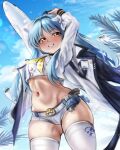  1girl absurdres aircraft airplane ass_visible_through_thighs blue_hair bow breasts colycycle cropped_shirt derringer goddess_of_victory:_nikke gun hair_bow handgun highres holster id_card jacket jacket_on_shoulders long_hair long_sleeves looking_at_viewer midriff navel necktie oversized_jacket shiny_skin shirt shorts skindentation sky_(nikke) small_breasts solo standing thighhighs thighs two-sided_fabric two-sided_jacket weapon white_bow white_shorts white_thighhighs yellow_eyes yellow_necktie 