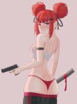  1girl absurdres arm_strap ass axe back bare_shoulders black_pants black_ribbon blush breasts butt_crack camisole clothes_pull covered_nipples crop_top cz75_(girls&#039;_frontline) double_bun dual_wielding faye_(girls&#039;_frontline_2) from_behind girls&#039;_frontline girls&#039;_frontline_2:_exilium gun hair_bun hair_ornament hair_ribbon hairclip highres holding holding_axe holding_gun holding_weapon light_smile looking_at_viewer looking_back medium_breasts nipples no_bra panties pants pants_pull red_eyes red_hair red_panties ribbon see-through_camisole see-through_clothes short_hair shy small_breasts solo underwear weapon white_camisole yuuriy 