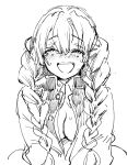  1girl :d ^_^ blush braid breasts cleavage closed_eyes facing_viewer greyscale highres jacket kanroji_mitsuri kimetsu_no_yaiba large_breasts long_hair mito_(go!go!king!) monochrome nose_blush open_clothes open_jacket simple_background smile solo sweat tears twin_braids twintails upper_body very_long_hair white_background 