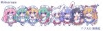  6+girls adapted_costume alice_margatroid alternate_costume animal_ears apron blonde_hair blue_eyes blue_skirt bow bowtie brown_hair brown_horns capelet chibi chibi_only closed_eyes closed_mouth commentary enmaided facing_viewer flower fox_mask frilled_skirt frills frog_hair_ornament fujiwara_no_mokou gohei gourd_hair_ornament green_eyes green_hair grey_hair hair_bow hair_ornament hashtag-only_commentary hata_no_kokoro highres holding holding_flower holding_gohei holding_mask horns houraisan_kaguya ibuki_suika kazami_yuuka kochiya_sanae long_hair long_sleeves looking_at_viewer maid maid_headdress mask multiple_girls multiple_hair_bows necktie one_eye_closed oni pants pink_hair pink_shirt purple_hair purple_skirt rabbit_ears rabbit_girl rabbit_hair_ornament red_bow red_bowtie red_eyes red_necktie red_pants red_skirt reisen_udongein_inaba shanghai_doll shirt silverrain skirt smile snake_hair_ornament sunflower touhou twitter_username very_long_hair waist_apron watermark watermark_grid white_apron white_bow white_capelet wide_sleeves yellow_flower 