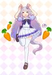  &gt;_&lt; 1girl animal_ears bow carrot chest_jewel commentary dress ear_bow english_commentary face_jewel gem_hair_ornament gradient_background gradient_hair grey_hair hair_ornament hand_jewel highres hololive hololive_english horse_ears horse_girl horse_tail jewel_under_eye kemonomimi_mode koseki_bijou multicolored_hair purple_dress purple_eyes school_uniform tail taradol tracen_school_uniform umamusume umapyoi_densetsu virtual_youtuber 