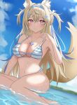  1girl absurdres alternate_costume animal_ear_fluff animal_ears armpits bandaid bandaid_hair_ornament bare_shoulders bikini blonde_hair blue_hair blue_nails blue_sky blush breasts cleavage closed_mouth collarbone commentary dog_ears dog_girl dog_tail fuwawa_abyssgard hair_ornament hairclip highres hololive hololive_english horn_hairband jewelry large_breasts long_hair multicolored_hair navel necklace parallel_hairclips pink_eyes sky smile solo stomach striped_bikini striped_clothes swimsuit tail very_long_hair virtual_youtuber wet winvita 