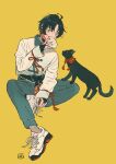  1boy alternate_costume asaba_harumasa black_cat black_choker black_hair black_nails blue_pants cat chinese_clothes choker commentary_request earrings food full_body highres holding jewelry long_sleeves male_focus nail_polish orange_eyes pants shiro_chan46 shoes simple_background sitting sneakers steamed_bun tassel tassel_earrings white_shoes yellow_background zenless_zone_zero 