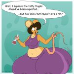 2025 after_transformation anthro belly big_butt bottomwear breasts brown_eyes brown_hair butt butt_expansion clothing copyright_symbol digital_media_(artwork) english_text expansion female flask fur hair hi_res huge_thighs liquid lower_lip mammal marla_(satsumalord) multicolored_body multicolored_fur murid murine navel open_mouth pants rat rodent satsumalord slightly_chubby slightly_chubby_anthro slightly_chubby_female solo speech_bubble symbol text thick_thighs thigh_expansion topwear two_tone_body two_tone_fur